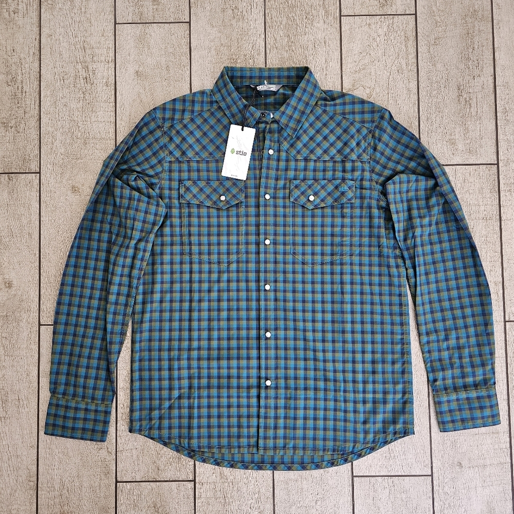 Stio Eddy Long Sleeve Shirt Mens Green Check Hiking Outdoors Camping REI New NWT